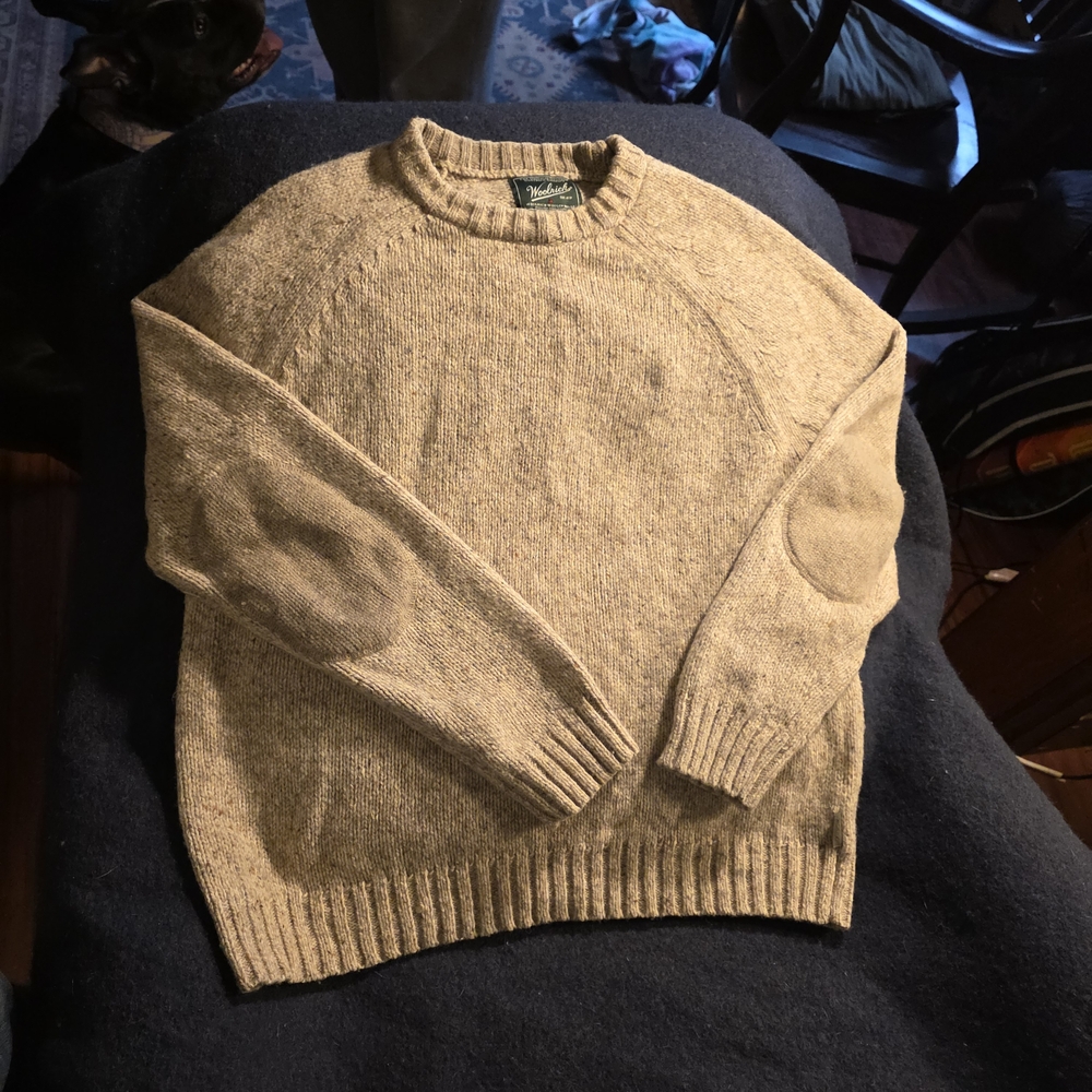 Woolrich Men's Tan/Cream Crewneck Wool Sweater with Elbow Patches